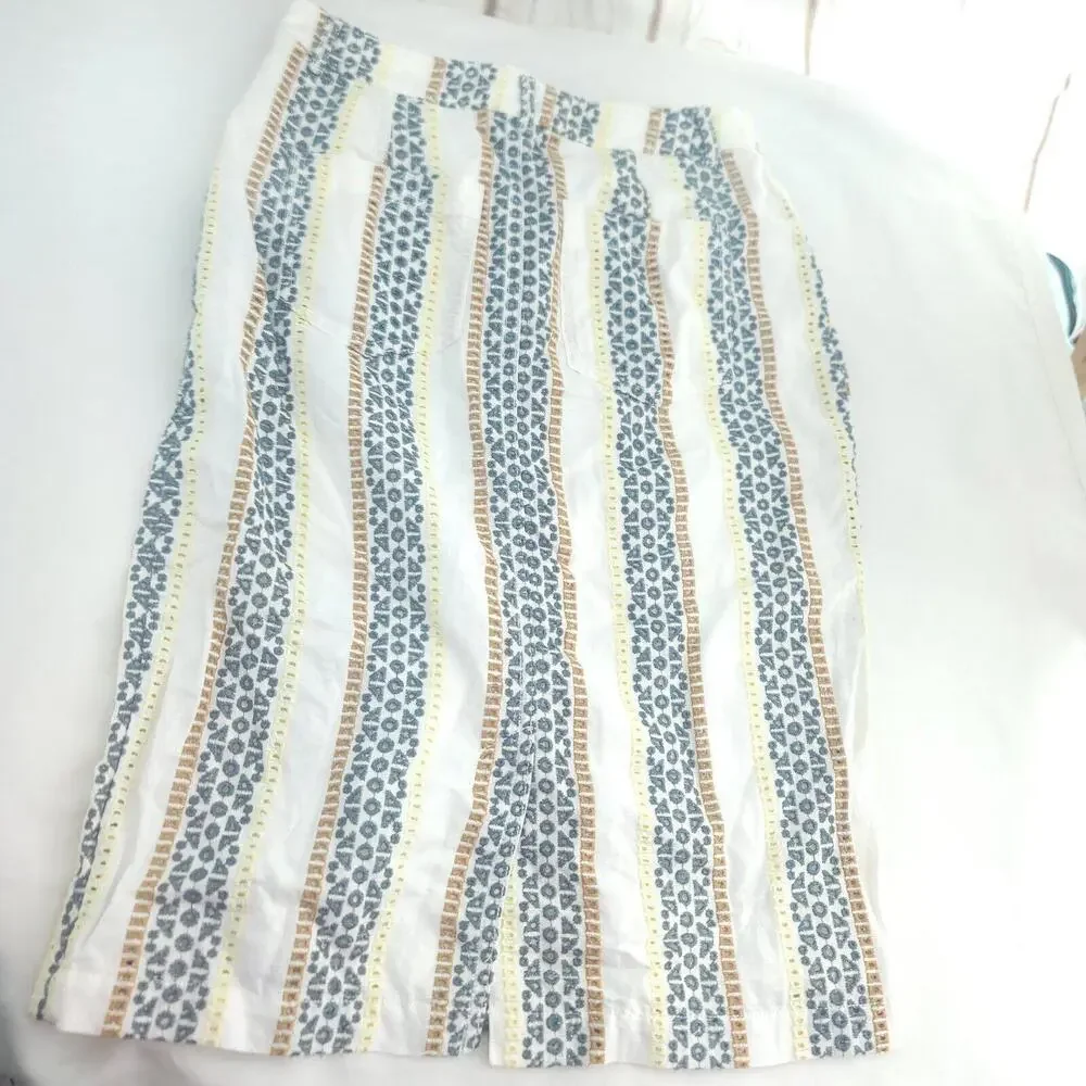 Anthropologie Cream Blue Striped Pockets Buttons Size 4 Pencil Skirt